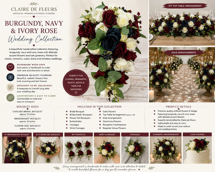 Burgundy, Navy  and Ivory Rose Wedding Collection Claire De Fleurs