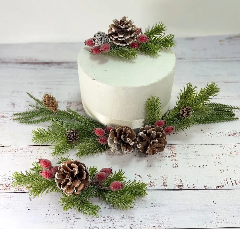 Christmas Cake Decorations – Pine Cones, Red Berries and Foliage Claire De Fleurs