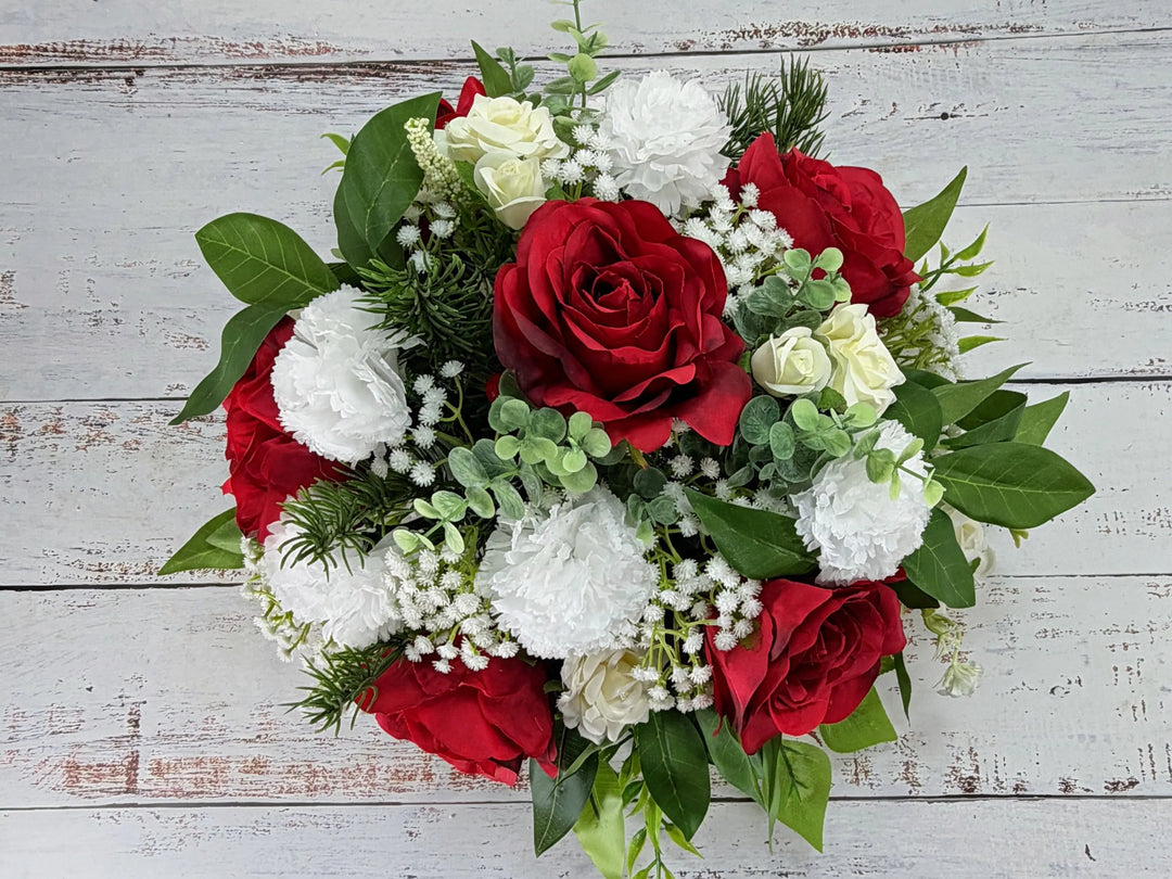 Christmas Memorial Tribute – 30cm Red &amp; White Artificial Flower Arrangement Claire De Fleurs