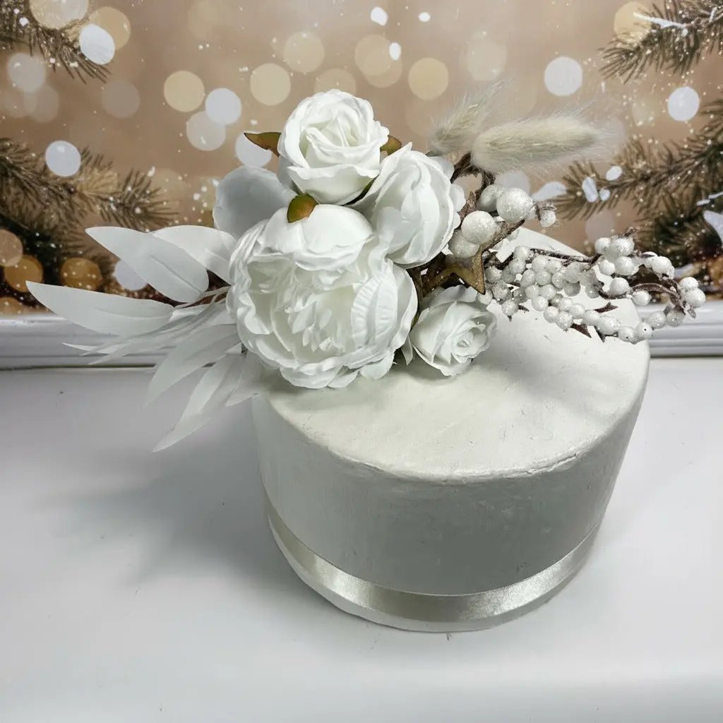 Christmas White Peony Cake Topper - Artificial Silk Flowers Claire De Fleurs