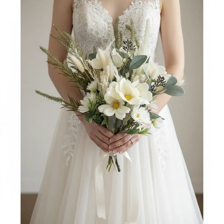 Daisy And Eucalyptus Dried And Artificial Rustic Bouquet Claire De Fleurs
