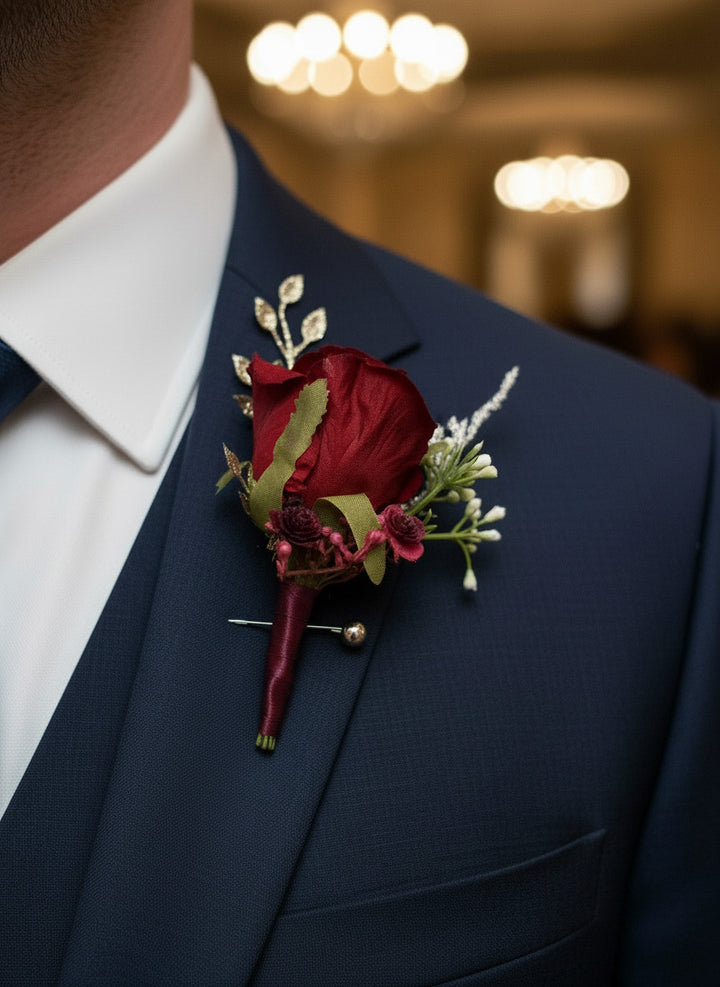 Dark Red And Gold Christmas Rose Artificial Wedding Bouquet Claire De Fleurs