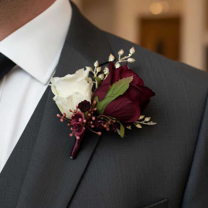 Dark Red And Gold Christmas Rose Artificial Wedding Bouquet Claire De Fleurs