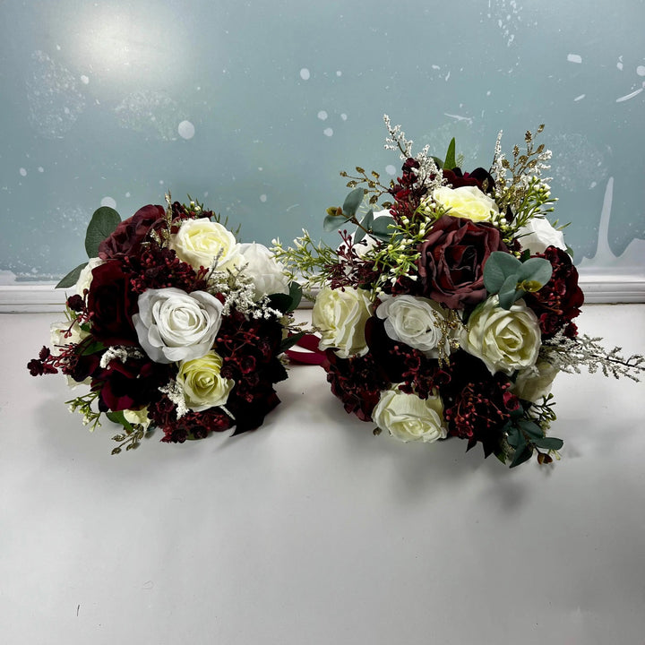 Dark Red And Gold Christmas Rose Artificial Wedding Bouquet Claire De Fleurs