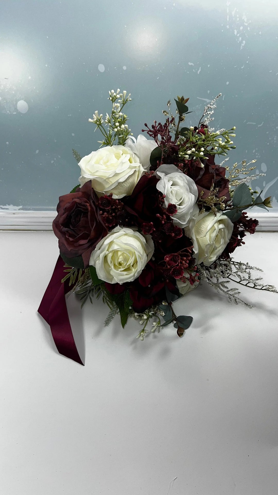 Dark Red And Gold Christmas Rose Artificial Wedding Bouquet Claire De Fleurs