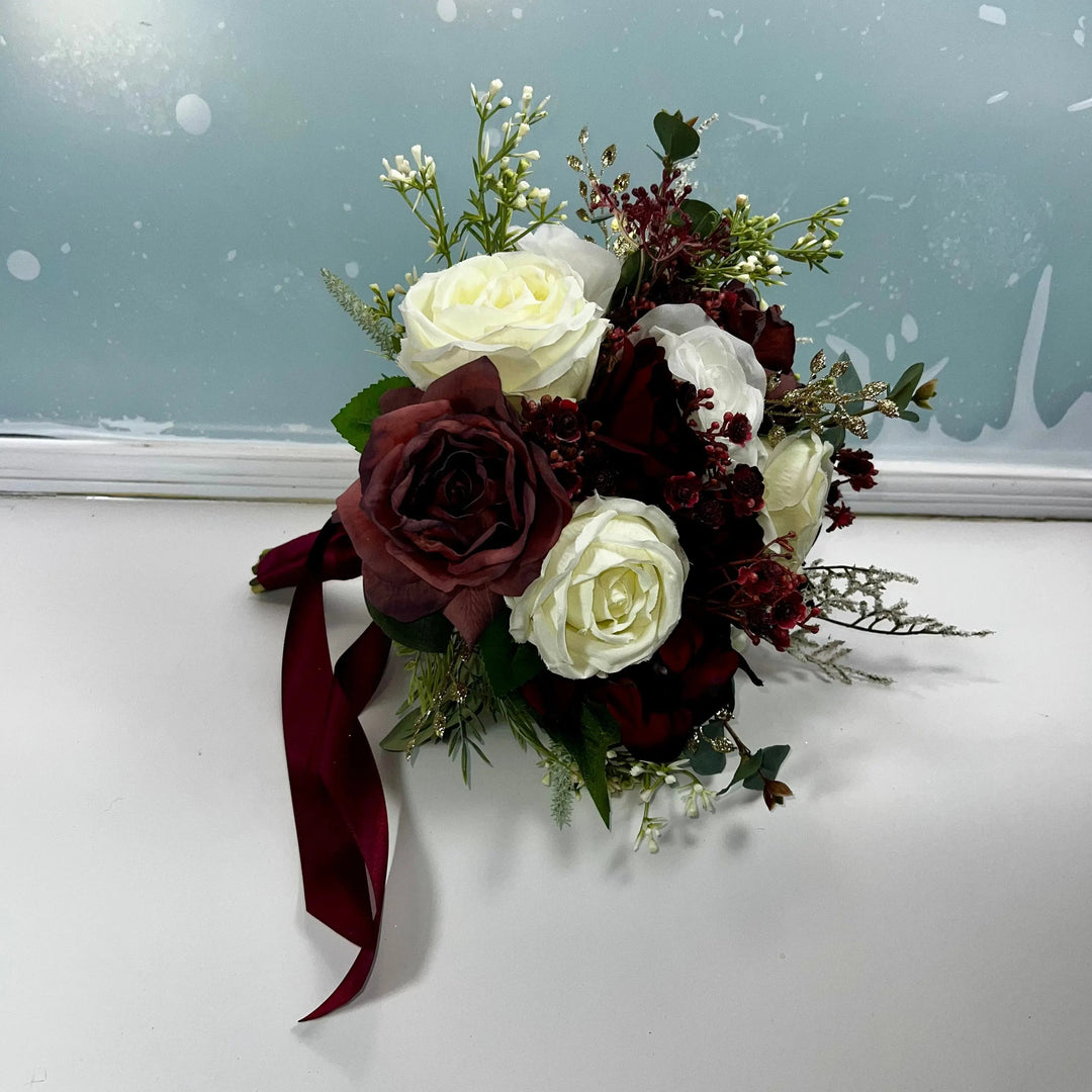 Dark Red And Gold Christmas Rose Artificial Wedding Bouquet Claire De Fleurs