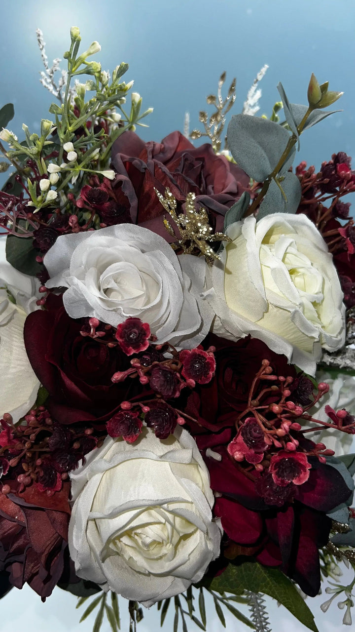 Dark Red And Gold Christmas Rose Artificial Wedding Bouquet Claire De Fleurs