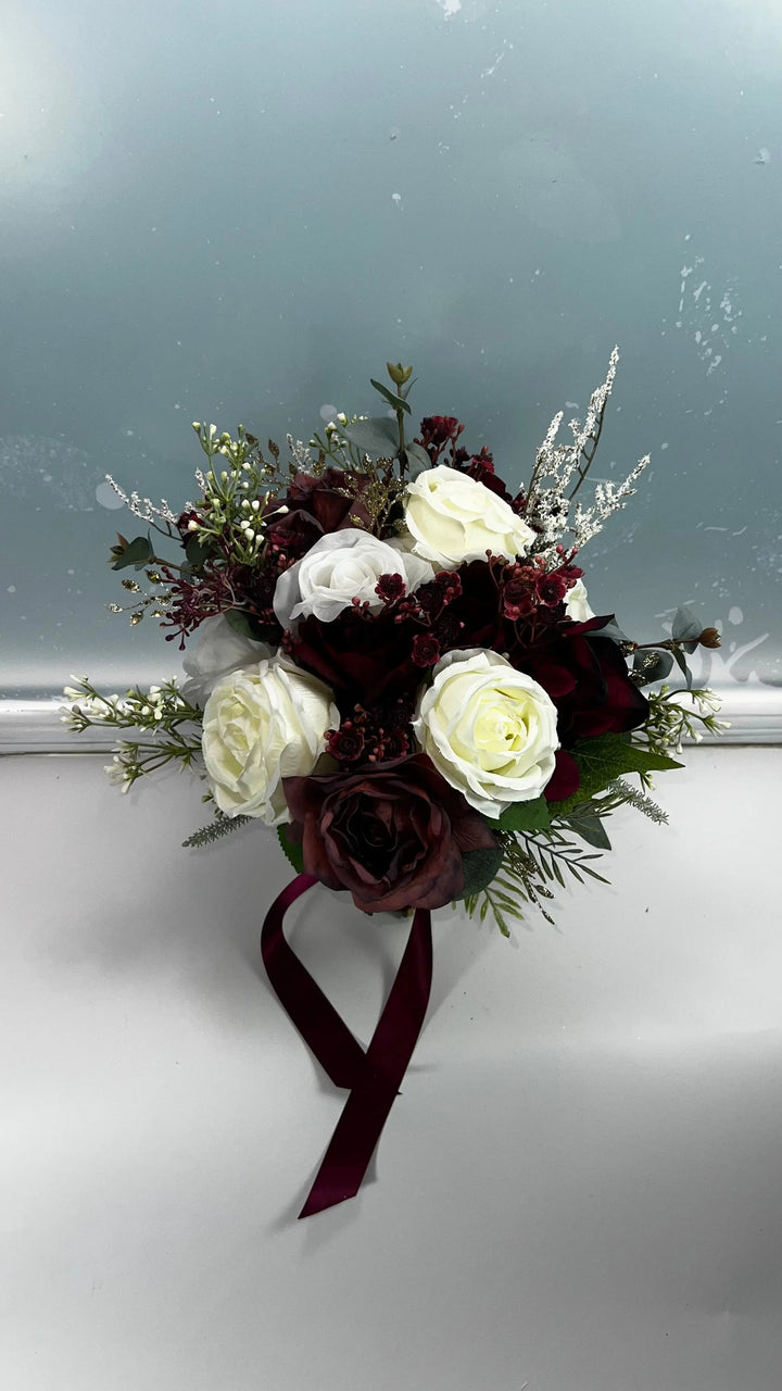 Dark Red And Gold Christmas Rose Artificial Wedding Bouquet Claire De Fleurs