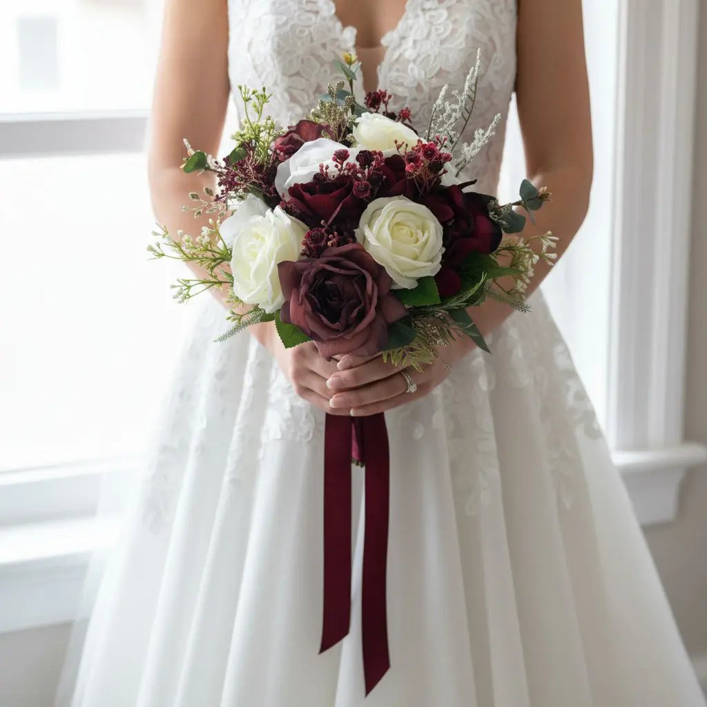 Dark Red And Gold Christmas Rose Artificial Wedding Bouquet Claire De Fleurs