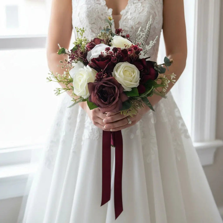 Dark Red And Gold Christmas Rose Artificial Wedding Bouquet Claire De Fleurs