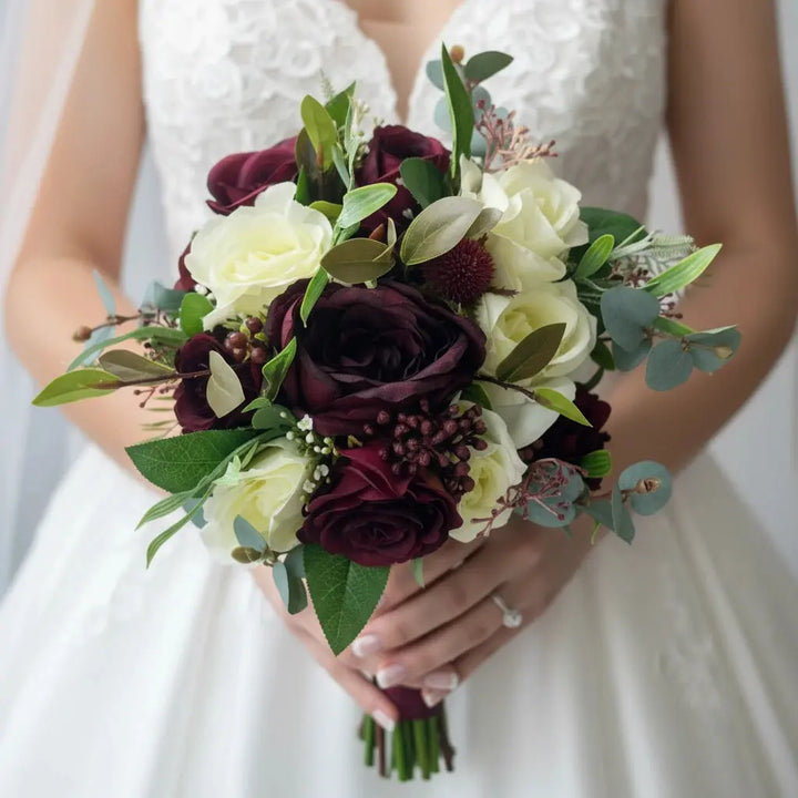 Dark Red Rose & Peony Bridal Bouquet – Artificial Silk Wedding Flowers | Handmade Red & Ivory Roses by Claire De Fleurs UK Claire De Fleurs