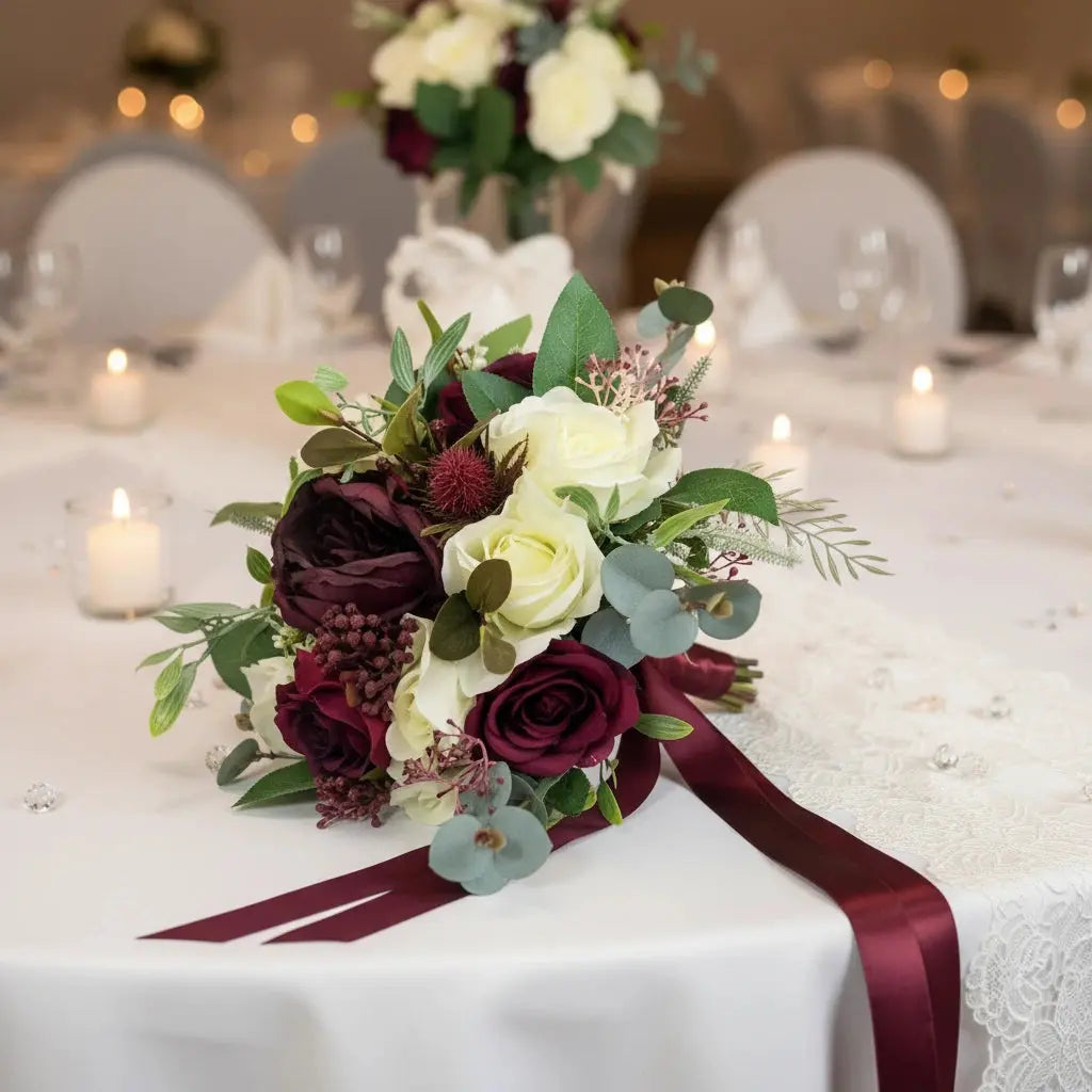 Dark Red Rose & Peony Bridal Bouquet – Artificial Silk Wedding Flowers | Handmade Red & Ivory Roses by Claire De Fleurs UK Claire De Fleurs