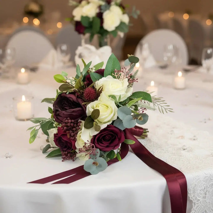 Dark Red Rose & Peony Bridal Bouquet – Artificial Silk Wedding Flowers | Handmade Red & Ivory Roses by Claire De Fleurs UK Claire De Fleurs
