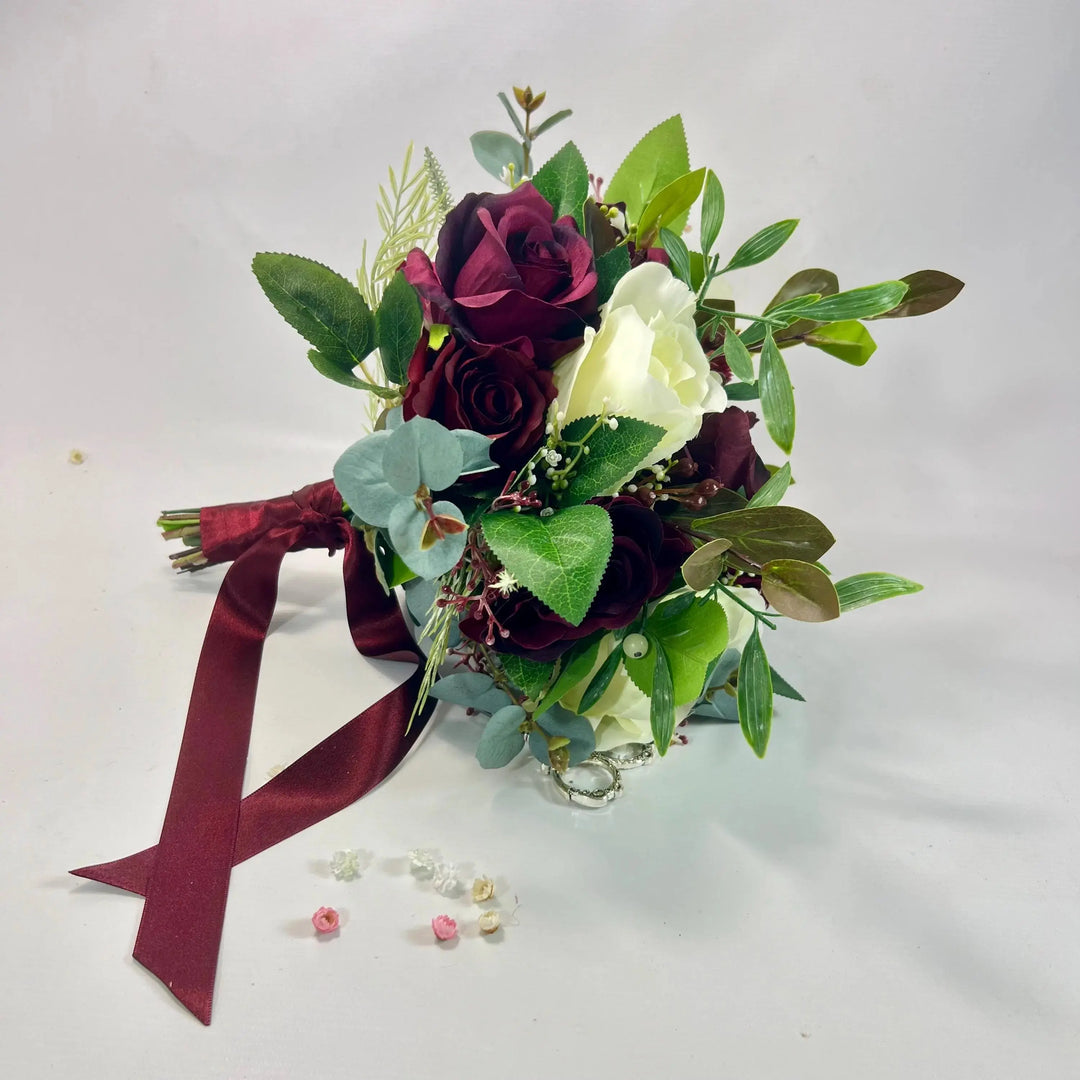 Dark Red Rose & Peony Bridal Bouquet – Artificial Silk Wedding Flowers | Handmade Red & Ivory Roses by Claire De Fleurs UK Claire De Fleurs