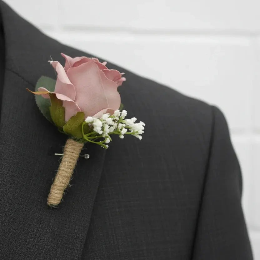 Dusky Pink Rose Buttonhole | Silk Wedding Buttonhole Groom & Guest Corsage Claire De Fleurs
