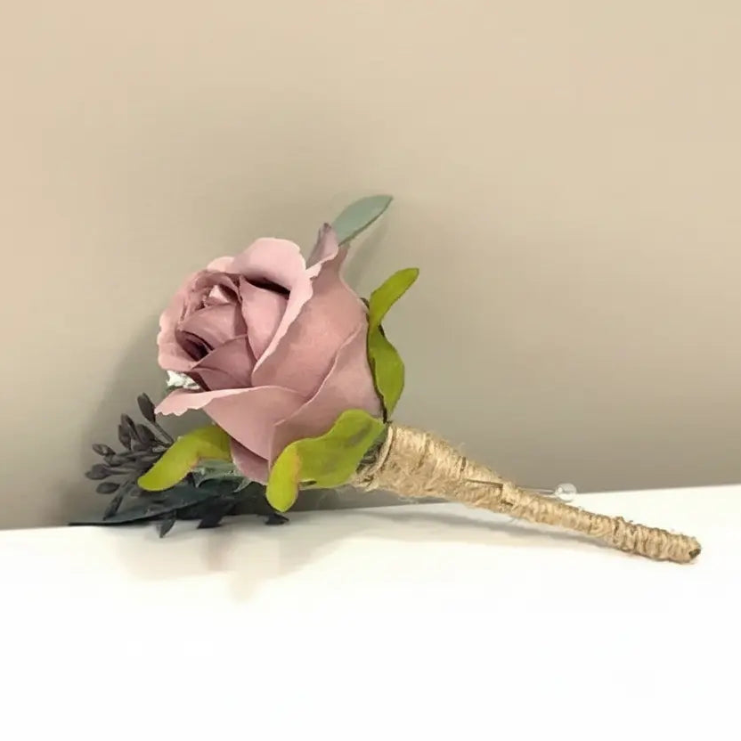 Dusky Pink Rose Buttonhole | Silk Wedding Buttonhole Groom & Guest Corsage Claire De Fleurs