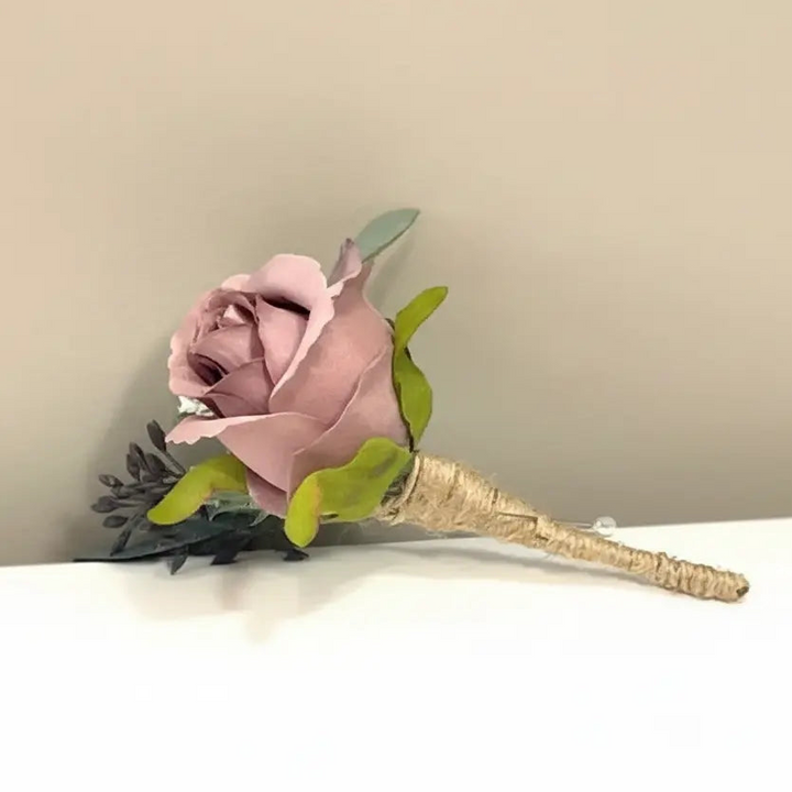 Dusky Pink Rose Buttonhole | Silk Wedding Buttonhole Groom & Guest Corsage Claire De Fleurs