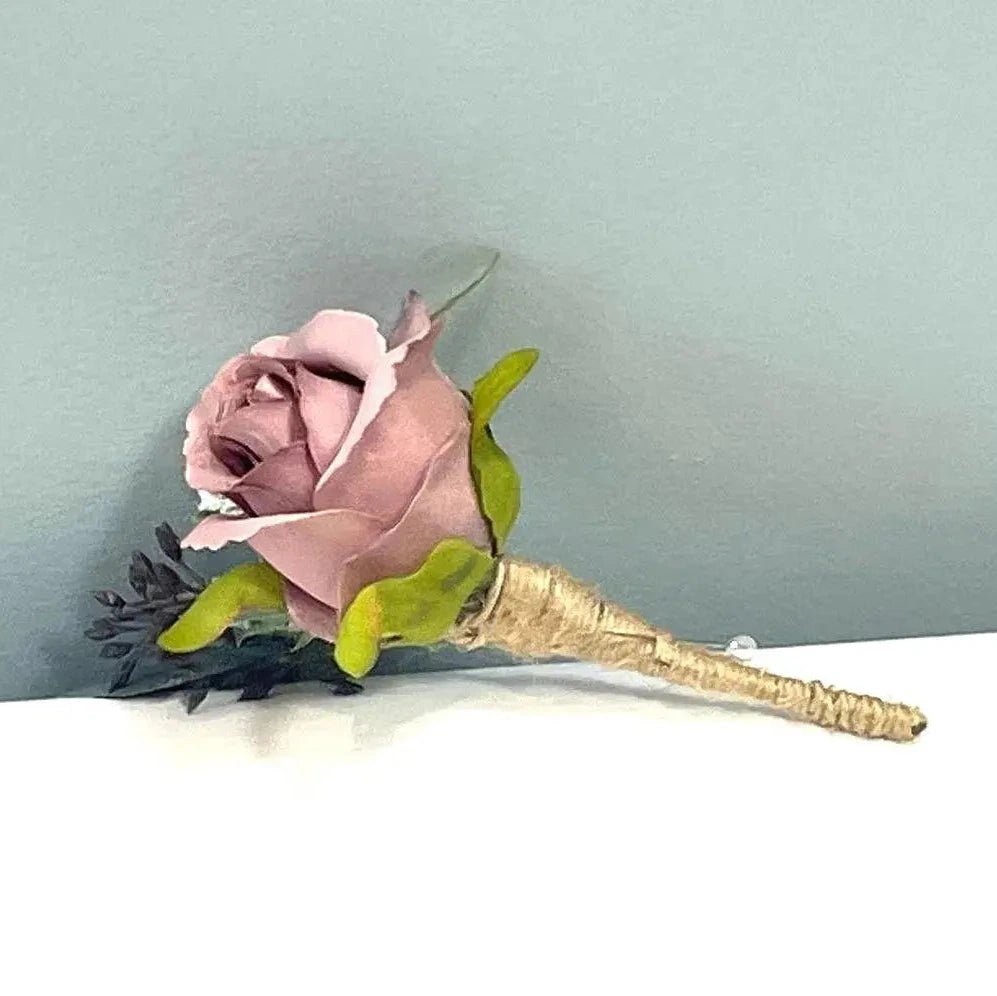Dusky Pink Rose Buttonhole | Silk Wedding Buttonhole Groom & Guest Corsage Claire De Fleurs