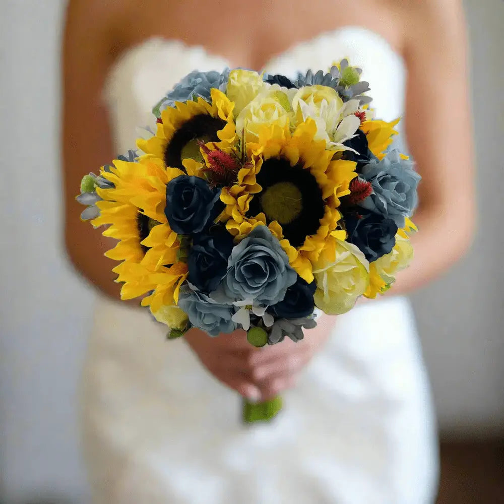 Dusty Blue, Sunflower And Yellow Rose Bouquet Package Claire De Fleurs