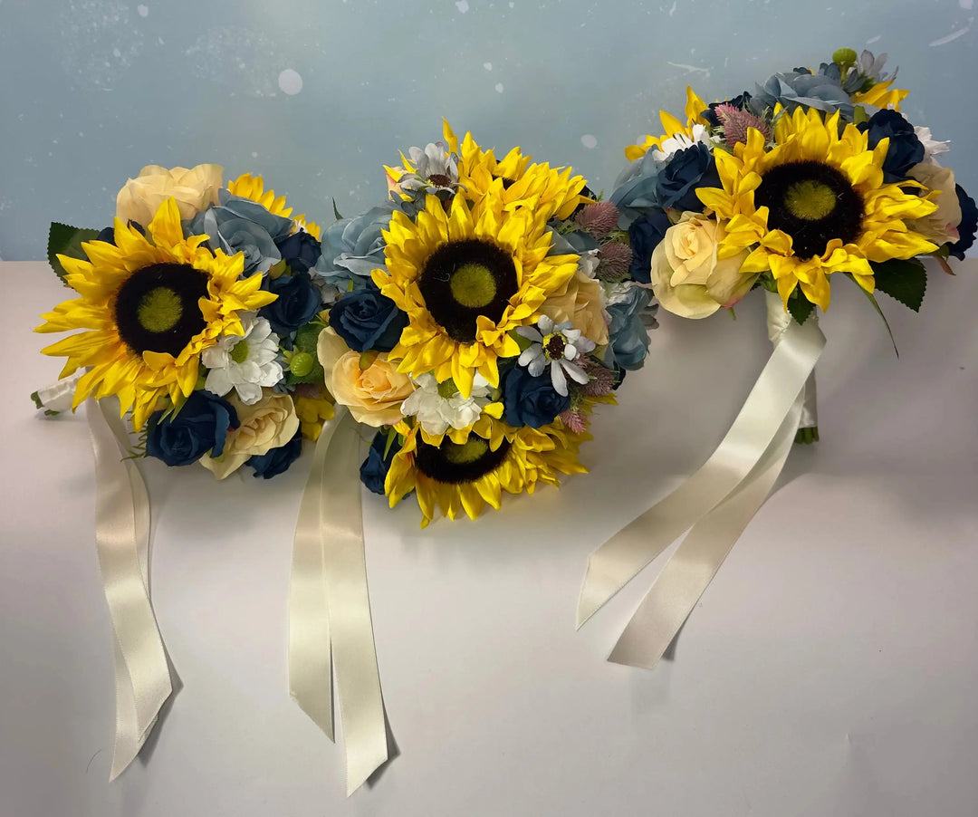Dusty Blue Rose Sunflower Artificial Bridal Bouquet Claire De Fleurs