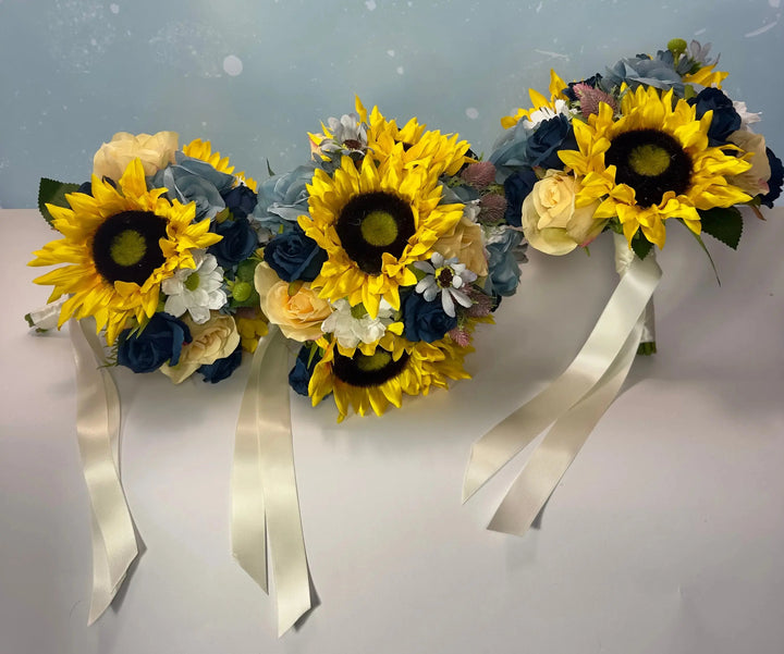 Dusty Blue Rose Sunflower Artificial Bridal Bouquet Claire De Fleurs