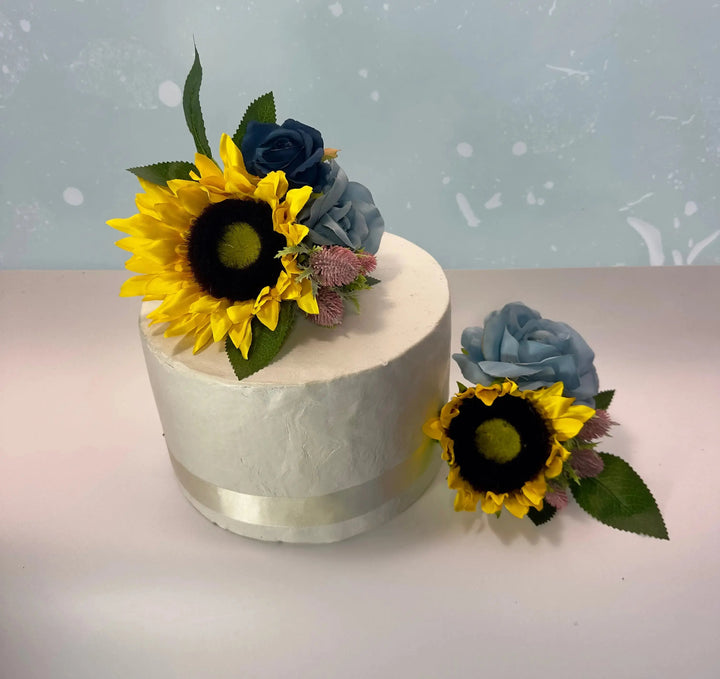 Dusty Blue Rose Sunflower Artificial Bridal Bouquet Claire De Fleurs