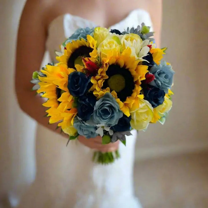 Dusty Blue, Sunflower And Yellow Artificial Rose Bouquet Package Claire De Fleurs