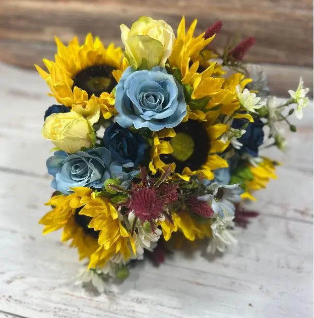 Dusty Blue, Sunflower And Yellow Rose Bouquet - Artificial Silk Flowers For Mothers Day Claire De Fleurs