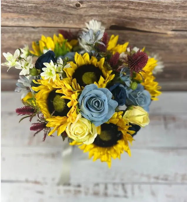 Dusty Blue, Sunflower And Yellow Rose Bouquet - Artificial Silk Flowers For Mothers Day Claire De Fleurs