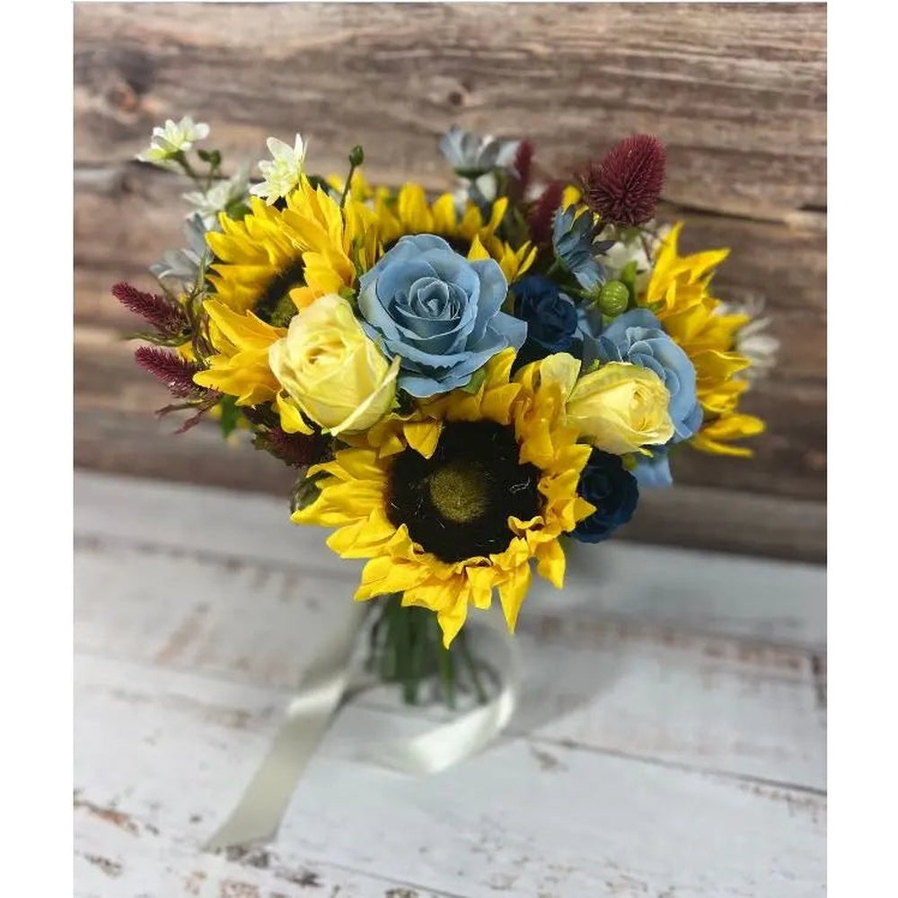 Dusty Blue, Sunflower And Yellow Rose Bouquet - Artificial Silk Flowers For Wedding Anniversary Birthday Claire De Fleurs