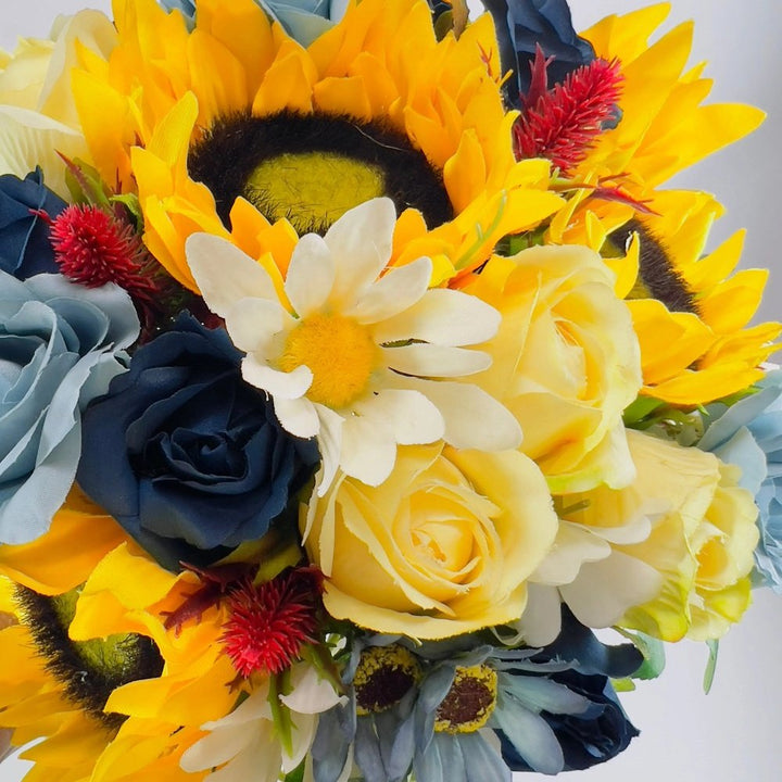 Dusty Blue, Sunflower And Yellow Rose Bouquet Package Claire De Fleurs