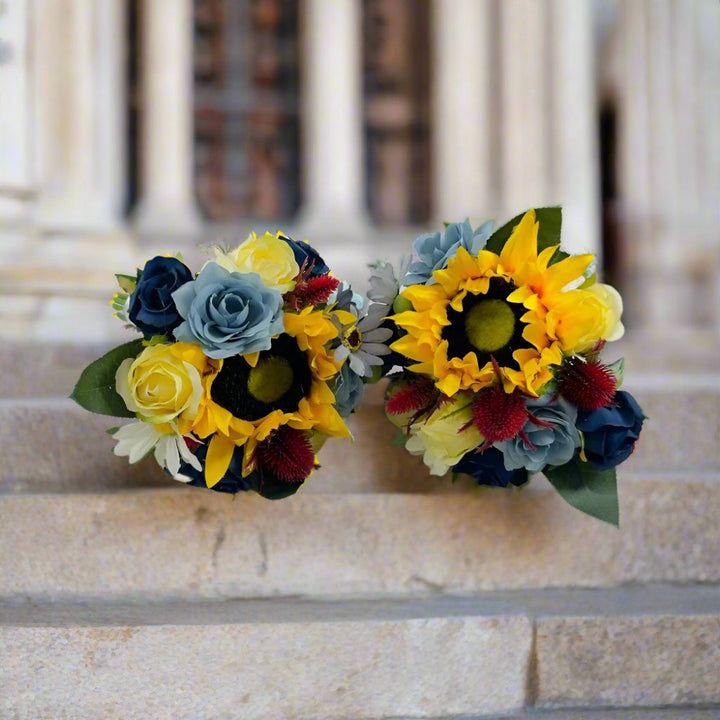 Dusty Blue, Sunflower And Yellow Rose Bouquet Package Claire De Fleurs
