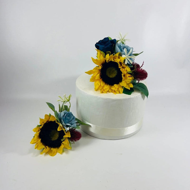 Dusty Blue, Sunflower And Yellow Rose Bouquet Package Claire De Fleurs