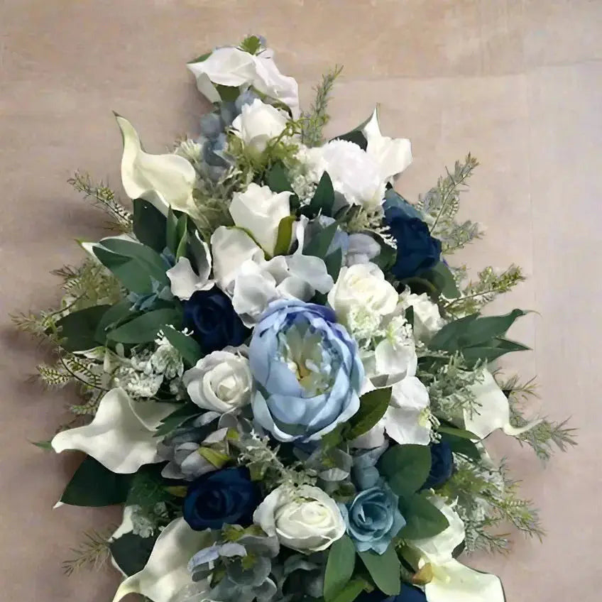 Blue And White Artificial Casket Spray Funeral Memorial Flowers Claire De Fleurs