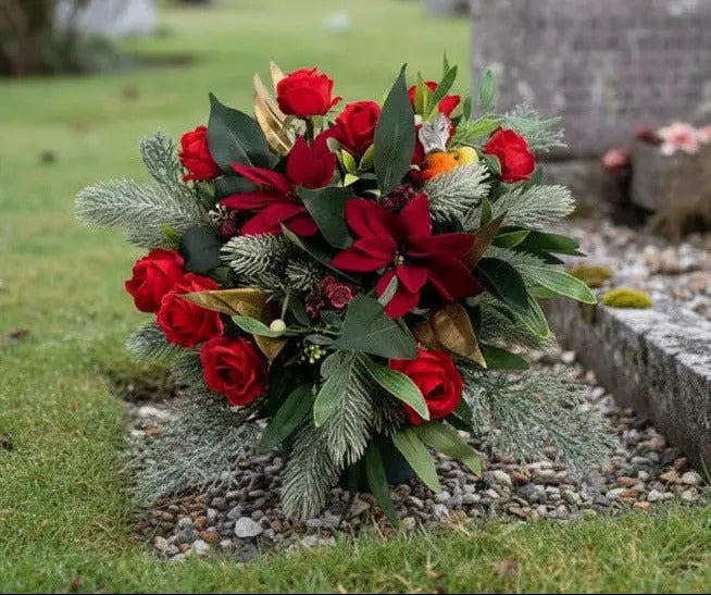 Artificial Grave Pot  – Red Roses And Ponisettia Memorial Flowers Claire De Fleurs