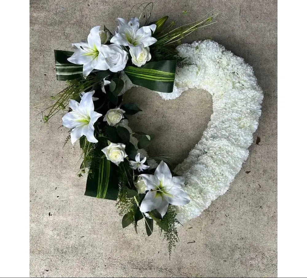Artificial White Silk Open Heart Funeral Wreath With Spray Claire De Fleurs