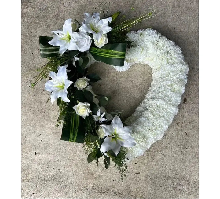 Artificial White Silk Open Heart Funeral Wreath With Spray Claire De Fleurs