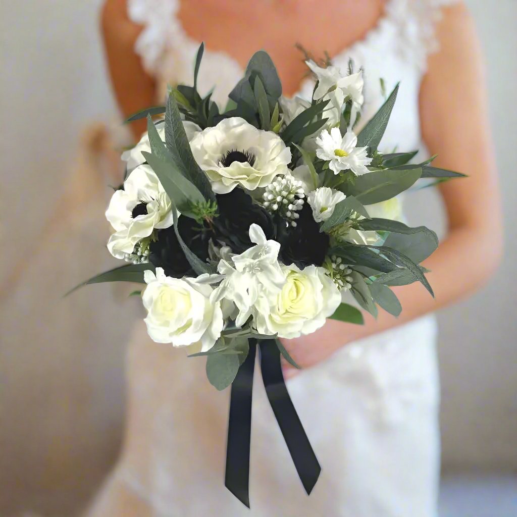 Green, Ivory and Black Wedding Bridal Bouquet - Faux Silk Flowers Wedding Flowers Claire De Fleurs