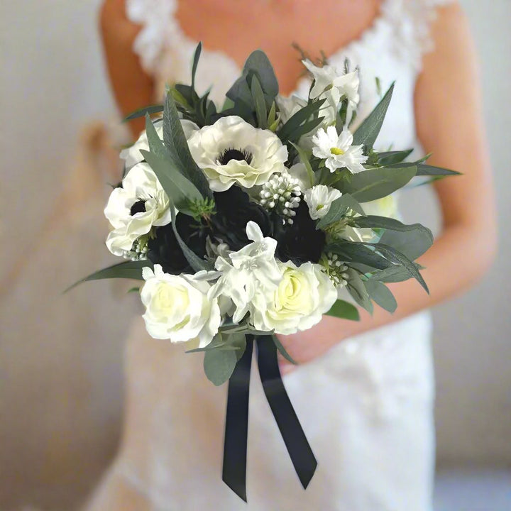 Green, Ivory and Black Wedding Bridal Bouquet - Faux Silk Flowers Wedding Flowers Claire De Fleurs