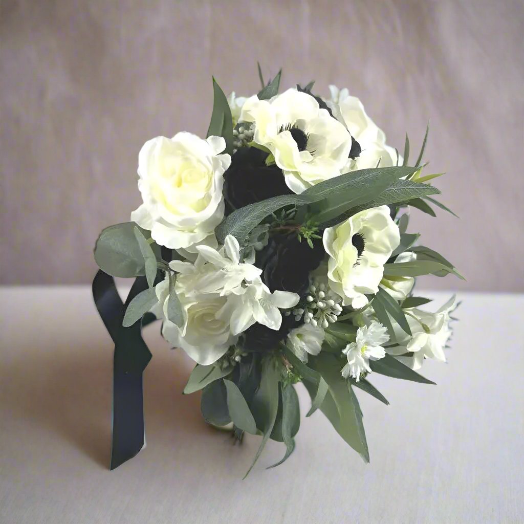 Green, Ivory and Black Wedding Bridal Bouquet - Faux Silk Flowers Wedding Flowers Claire De Fleurs