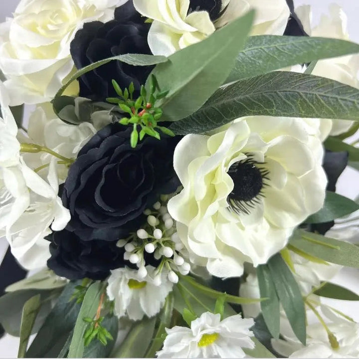 Green, Ivory and Black Wedding Bridal Bouquet - Faux Silk Flowers Wedding Flowers Claire De Fleurs
