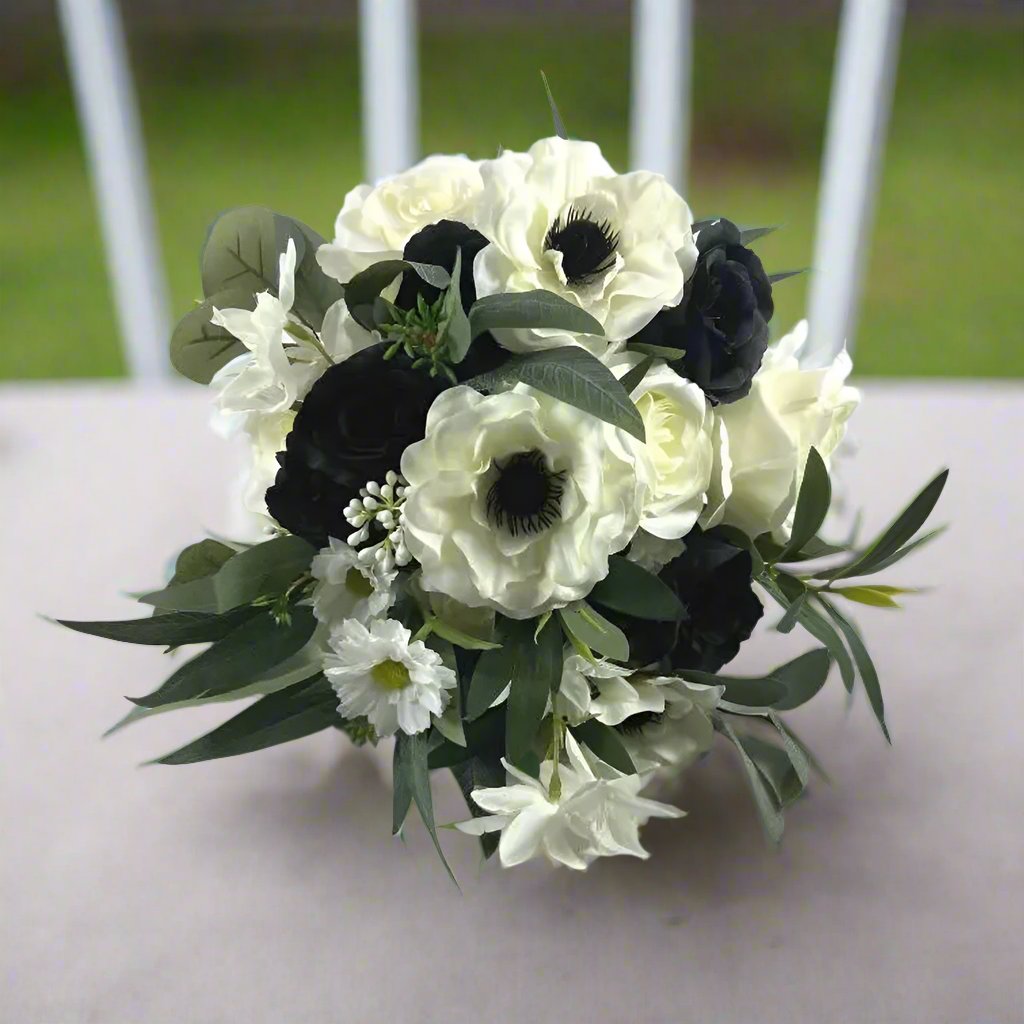 Green, Ivory and Black Wedding Bridal Bouquet - Faux Silk Flowers Wedding Flowers Claire De Fleurs