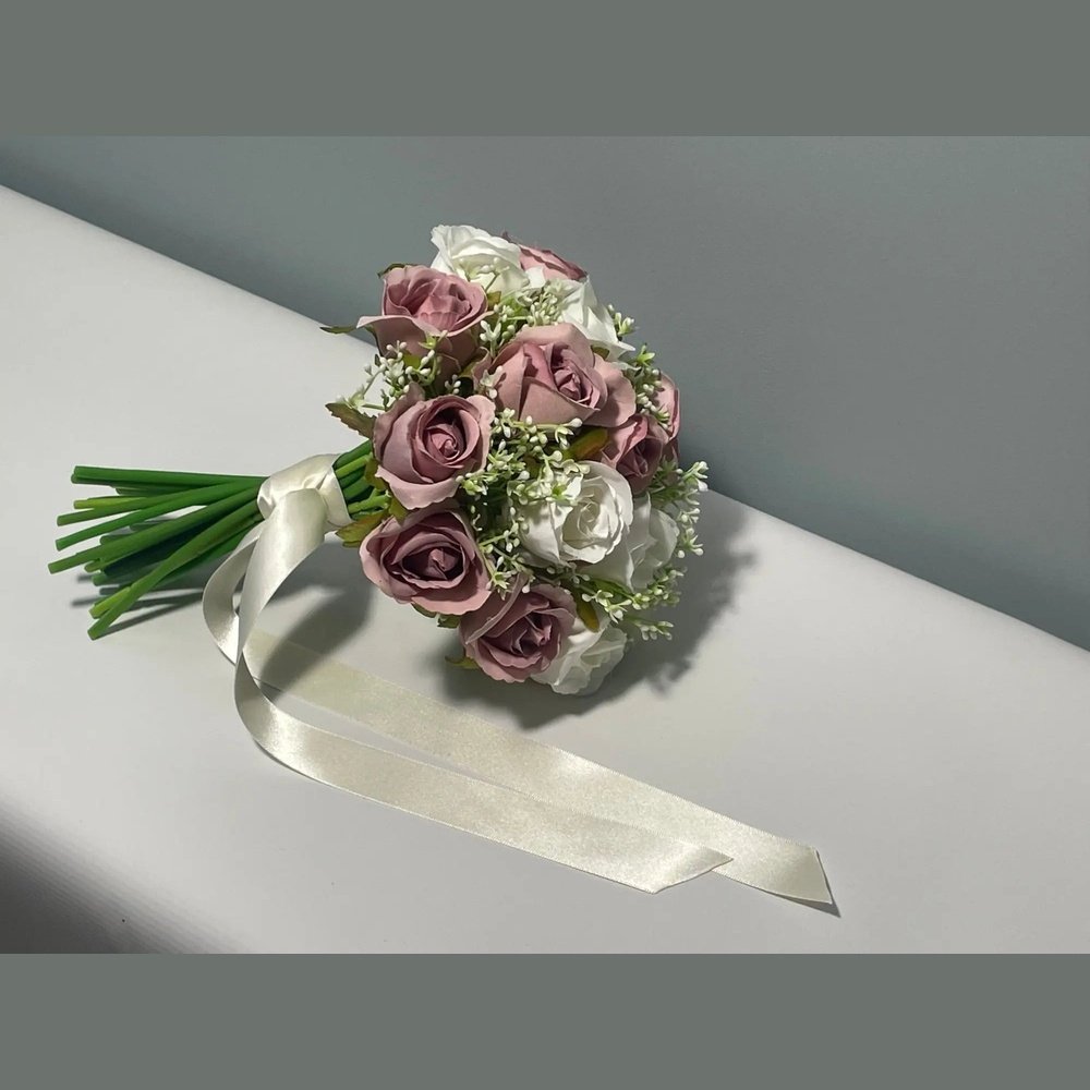 artificial silk ivory and pink rose wedding bouquet