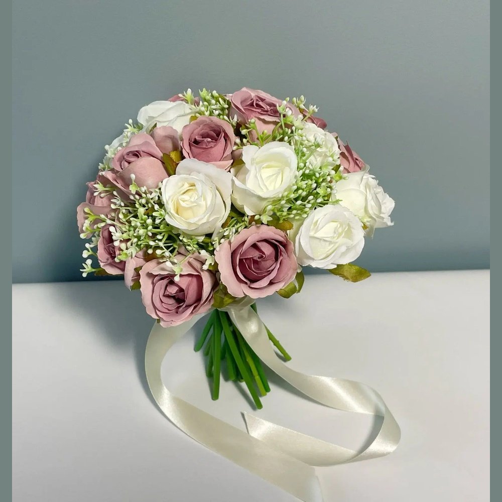 artificial silk ivory and pink rose wedding bouquet