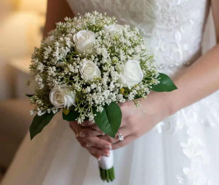 Ivory And White Rose Wedding Flower Package | Artificial Bridal Bouquet Gypsophila Set Claire De Fleurs