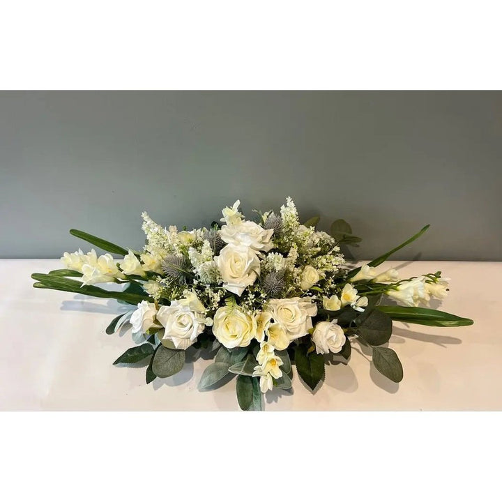 White/Ivory Blue Thistle Funeral Tribute Faux Flowers Claire De Fleurs