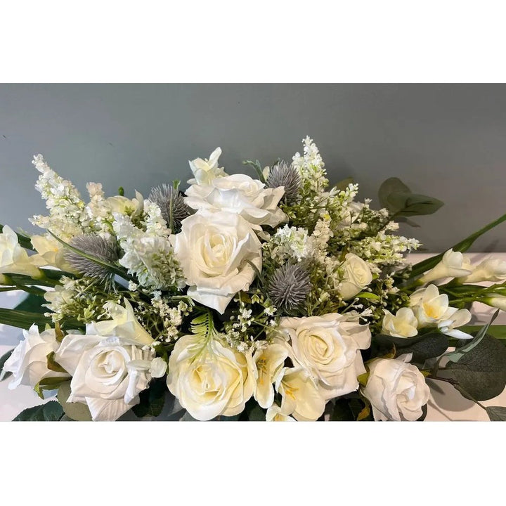 White/Ivory Blue Thistle Funeral Tribute Faux Flowers Claire De Fleurs