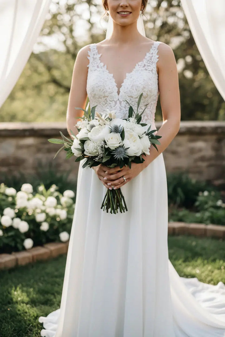 Ivory White Rose Peony And Thistle Bouquet Claire De Fleurs