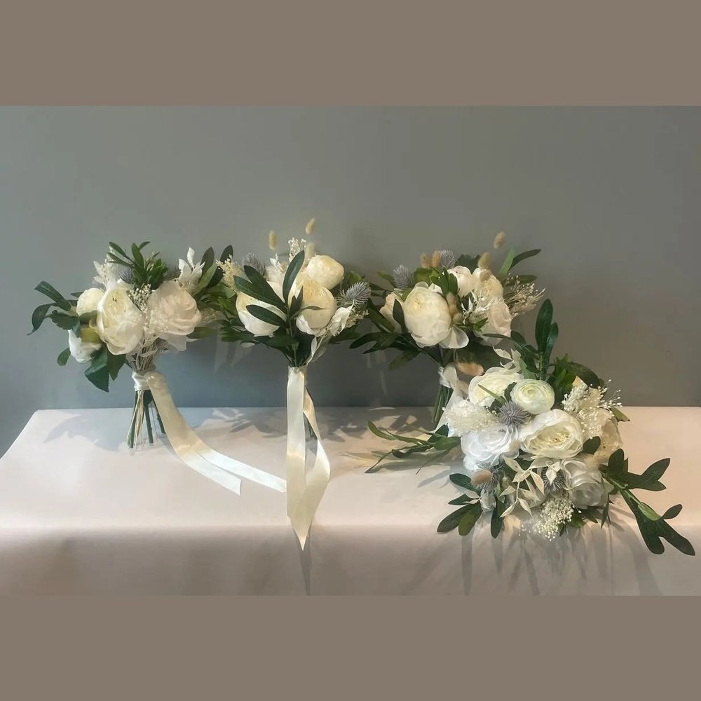 Ivory White Rose Peony And Thistle Bouquet Claire De Fleurs