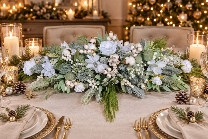 A rustic floral centerpiece with pale blue and white flowers, green foliage, and small berries arranged on a weathered wooden table outdoors.